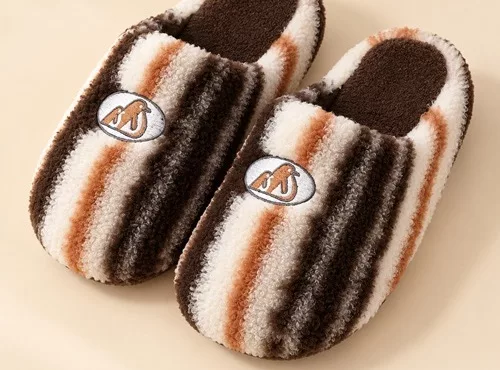 Color-Blocked Striped Plush Slippers